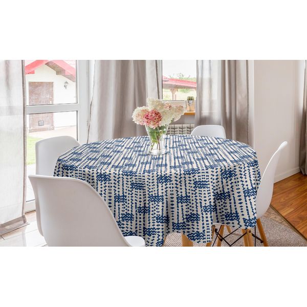 Abakuhaus Tovaglia Rotonda Etnica, Messy Waves Triangles, Tovaglia Circolare Per Sala Da Pranzo, Decorazione Cucina, 150 Cm, Blu Navy E Crema-image