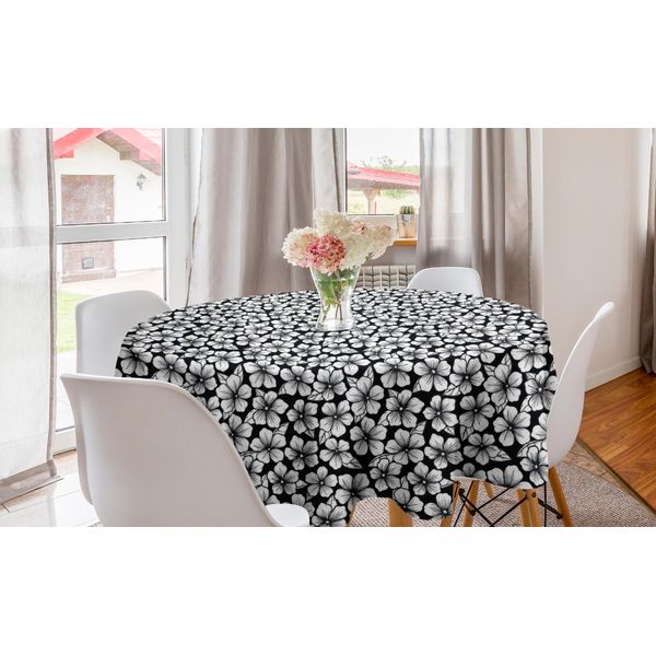 Abakuhaus Tovaglia Rotonda Con Fiori Di Ciliegio, Fiori Tratteggiati, Tovaglia Circolare Per Sala Da Pranzo, Decorazione Per Cucina, 150 Cm, Bianco E Nero-image