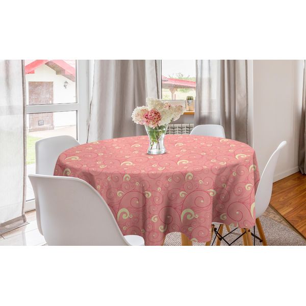 Abakuhaus Tovaglia Rotonda Astratta, Motivo Ripetuto A Riccioli Decorativi, Tovaglia Circolare Per Sala Da Pranzo E Cucina, 150 Cm, Corallo E Crema-image