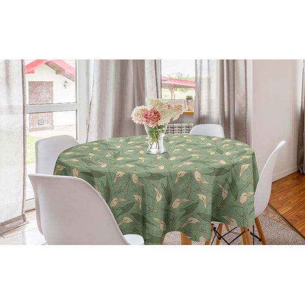 Abakuhaus Tovaglia Rotonda Con Motivi Floreali, Fiori Di Calla E Foglie Verdi, Tovaglia Circolare Per Sala Da Pranzo E Cucina, 150 Cm, Color Crema E Verde Reseda-image
