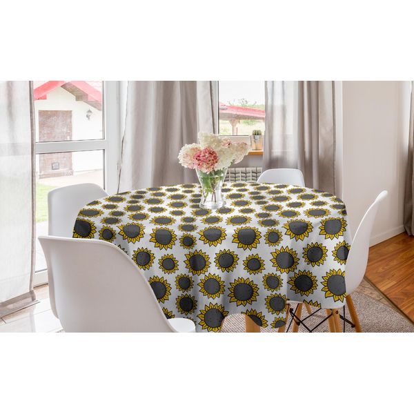 Abakuhaus Tovaglia Rotonda Girasole, Disegnata A Mano, Tovaglia Circolare Per Sala Da Pranzo, Decorazione Per Cucina, 150 Cm, Grigio Terra Giallo-image
