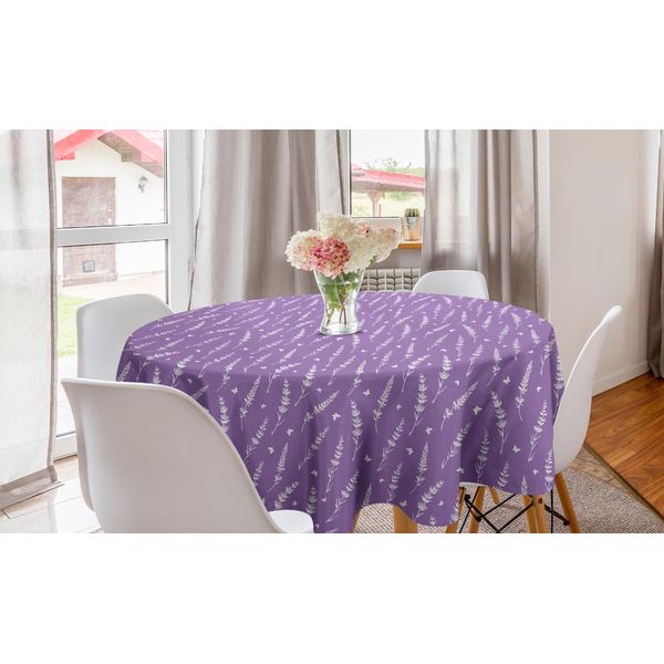 Abakuhaus Tovaglia Rotonda Con Fiori, Lavanda E Farfalle, Tovaglia Circolare Per Sala Da Pranzo, Decorazione Per Cucina, 150 Cm, Viola E Bianco-image