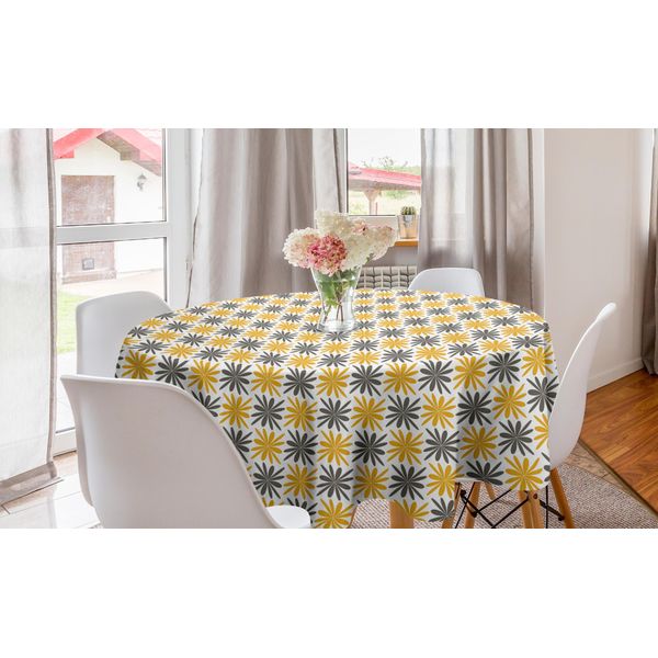 Abakuhaus Tovaglia Rotonda Con Motivi Floreali, Simplistic Natur Wachstum, Tovaglia Circolare Per Sala Da Pranzo E Cucina, 150 Cm, Giallo Terra E Grigio-image