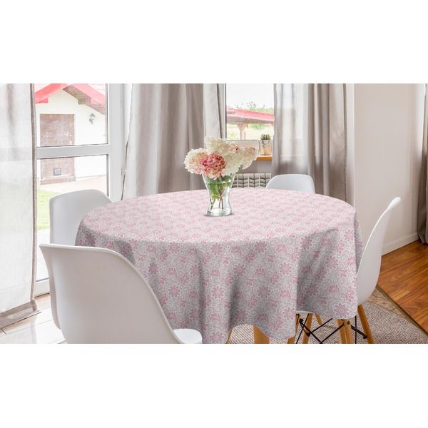 Abakuhaus Tovaglia Rotonda Con Motivi Floreali, Stencil Decorativo In Damasco, Tovaglia Circolare Per Decorare La Sala Da Pranzo E La Cucina, 150 Cm, Rosa Cipria E Rose Essiccate-image
