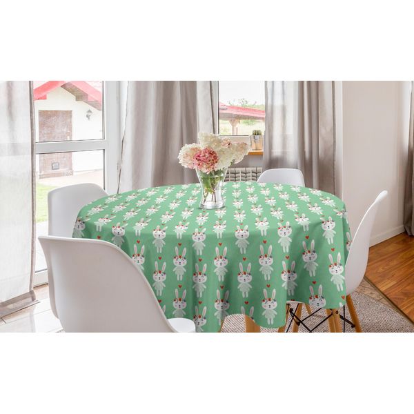 Abakuhaus Tovaglia Rotonda Con Coniglietti, Coniglietti E Fiori A Forma Di Cuore, Tovaglia Rotonda Per Sala Da Pranzo, Decorazione Per Cucina, 150 Cm, Verde Chiaro Multicolore-image
