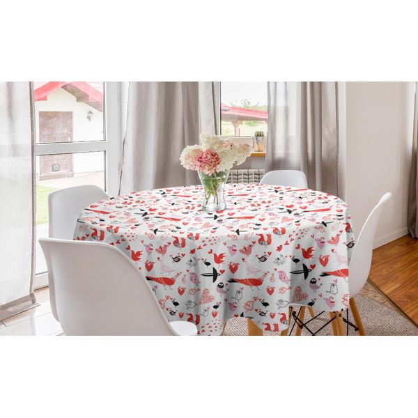 Abakuhaus Tovaglia Rotonda Con Cuori, Uccellini Doodle, Tovaglia Circolare Per Sala Da Pranzo, Decorazione Cucina, 150 Cm, Multicolore-image