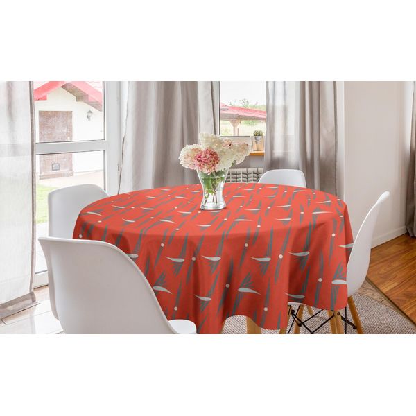 Abakuhaus Tovaglia Rotonda Retrò, Motivi Floreali In Stile Memphis, Tovaglia Circolare Per Decorare La Sala Da Pranzo E La Cucina, 150 Cm, Corallo Scuro E Grigio Chiaro-image