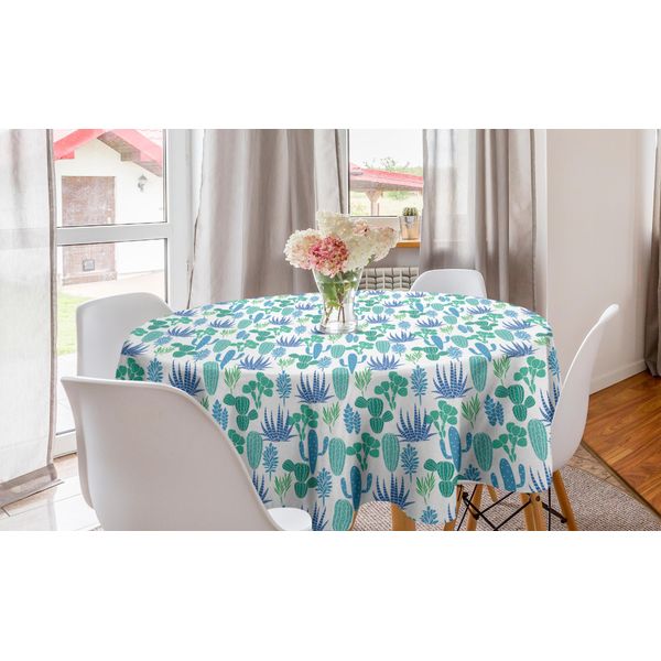 Abakuhaus Tovaglia Rotonda Succosa, Blu, Verde, Piante Di Cactus, Tovaglia Circolare Per Sala Da Pranzo, Decorazione Per Cucina, 150 Cm, Blu, Verde E Bianco-image