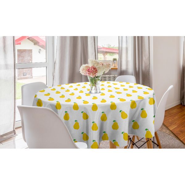 Abakuhaus Tovaglia Rotonda Con Motivi Grafici Di Frutta, Tovaglia Circolare Per Decorare La Sala Da Pranzo E La Cucina, 150 Cm, Giallo Terra, Verde, Bianco-image