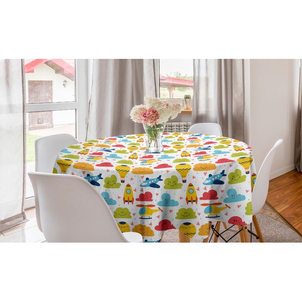 Abakuhaus Tovaglia Rotonda Con Scarabocchi, Nuvole, Palloncini, Aeroplani, Tovaglia Circolare Per Sala Da Pranzo, Decorazione Per Cucina, 150 Cm, Multicolore-image