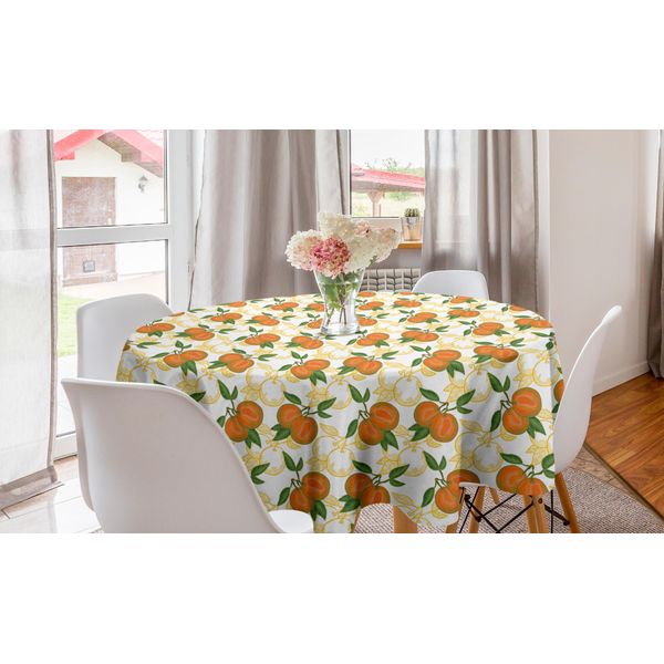 Abakuhaus Tovaglia Rotonda Con Motivi Fruttati, Motivi Arancioni Disegnati A Mano, Tovaglia Circolare Per Sala Da Pranzo, Decorazione Per Cucina, 150 Cm, Arancione Scuro E Verde-image