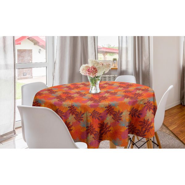 Abakuhaus Tovaglia Rotonda Con Motivi Floreali, Stile Asiatico Foglie Colorate, Tovaglia Rotonda Per Sala Da Pranzo Decorazione Per Cucina, 150 Cm, Vermiglio E Multicolore-image