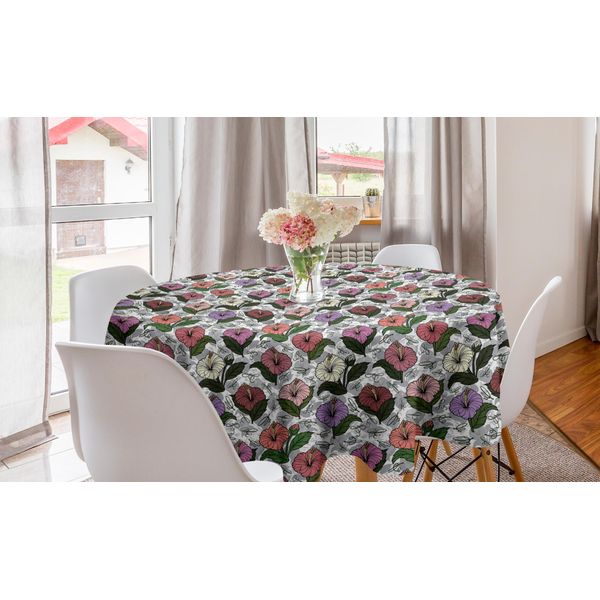 Abakuhaus Tovaglia Rotonda Con Motivi Floreali, Motivi Floreali Primaverili Con Ibisco, Tovaglia Rotonda Per Sala Da Pranzo E Cucina, 150 Cm, Bianca E Multicolore-image