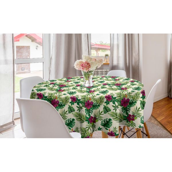 Abakuhaus Tovaglia Rotonda Con Motivo Palma, Foglie Esotiche E Ibisco, Tovaglia Circolare Per Sala Da Pranzo E Cucina, 150 Cm, Avorio Multicolore-image