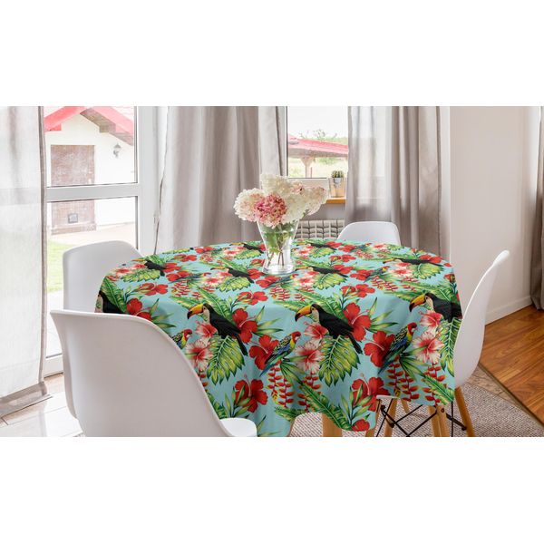 Abakuhaus Tovaglia Rotonda Esotica, Hibiscus Parrot E Toucan, Tovaglia Circolare Per Sala Da Pranzo E Decorazione Della Cucina, 150 Cm, Multicolore-image