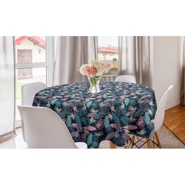 Abakuhaus Tovaglia Rotonda Botanica, Rosa E Blu Scuro, Tovaglia Circolare Per Sala Da Pranzo, Decorazione Per Cucina, 150 Cm, Foglie Tropicali Floreali-image