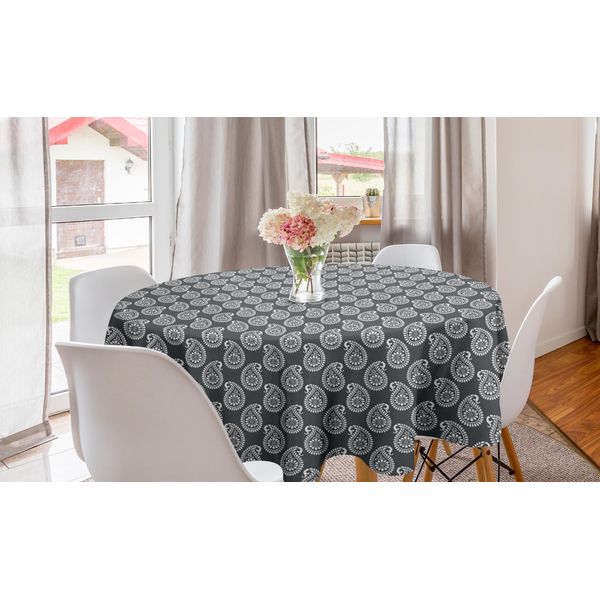 Abakuhaus Tovaglia Rotonda Paisley, Cultura BohéMien Orientale, Tovaglia Circolare Per Sala Da Pranzo, Decorazione Cucina, 150 Cm, Grigio E Bianco-image
