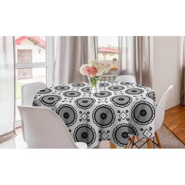 Abakuhaus Tovaglia Rotonda Marocchina, Motivi Orientali Grafici, Tovaglia Circolare Per Sala Da Pranzo, Decorazione Cucina, 150 Cm, Grigio, Nero, Bianco-image