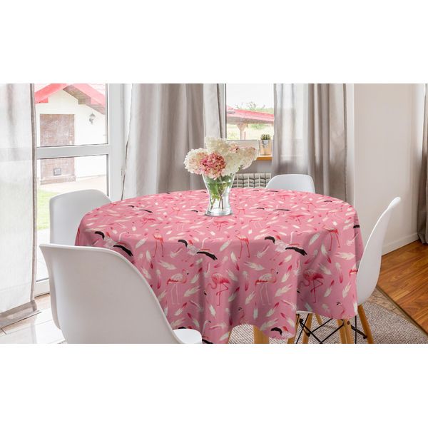 Abakuhaus Tovaglia Rotonda Flamingo, Uccelli Esotici Piume Arte, Tovaglia Circolare Per Sala Da Pranzo Cucina Decorazione, 150 Cm, Rosa Pallido Beige E Grigio-image