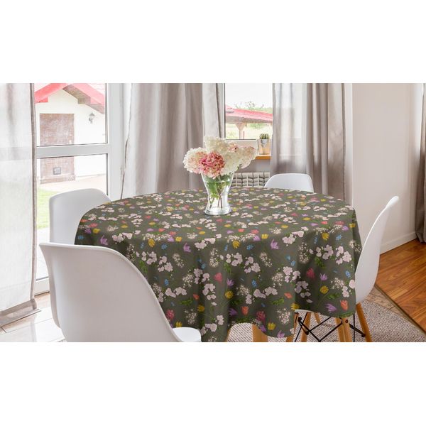 Abakuhaus Tovaglia Rotonda Wiese, Arte Floreale Primaverile Rurale, Tovaglia Circolare Per Sala Da Pranzo, Decorazione Cucina, 150 Cm, Verde Chiaro-Rosa Fucsia-image