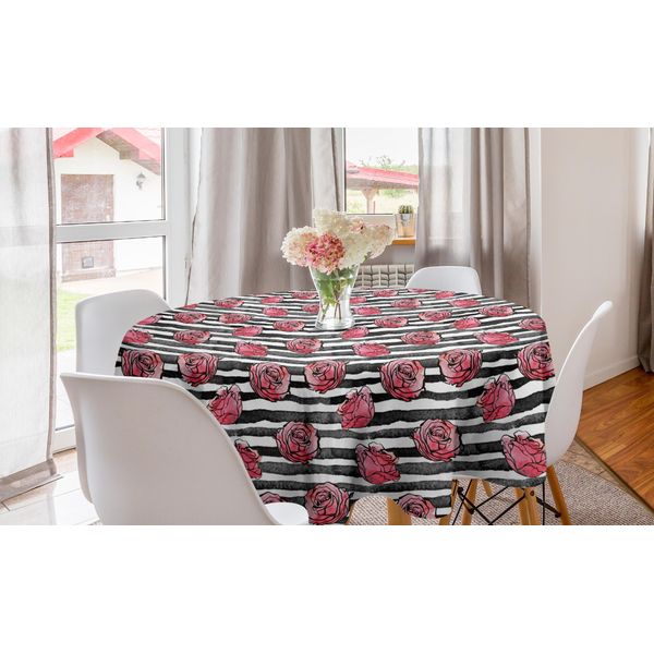 Abakuhaus Tovaglia Rotonda Con Motivi Floreali, Acquerello Floreale Moderno, Tovaglia Circolare Per Sala Da Pranzo, Decorazione Cucina, 150 Cm, Bianco, Nero, Corallo-image