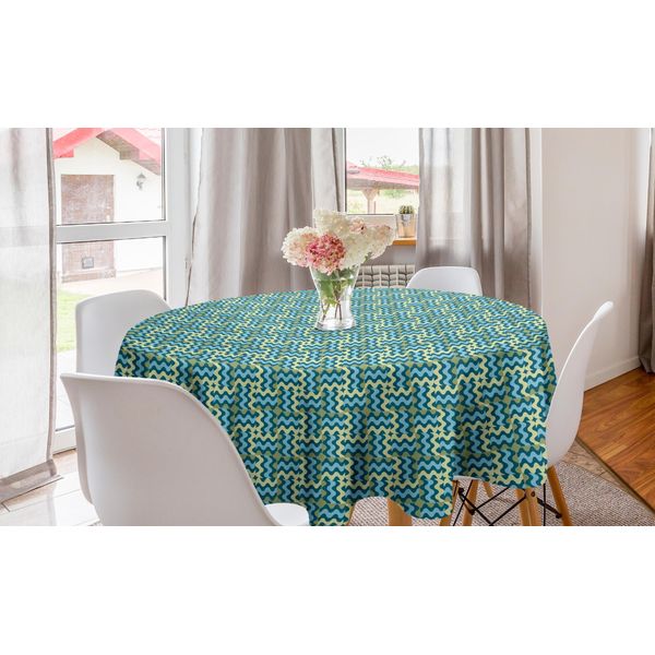 Abakuhaus Tovaglia Rotonda Astratta, Linee Ondulate Vintage, Tovaglia Circolare Per Sala Da Pranzo, Decorazione Cucina, 150 Cm, Verde Chiaro Azzurro-image