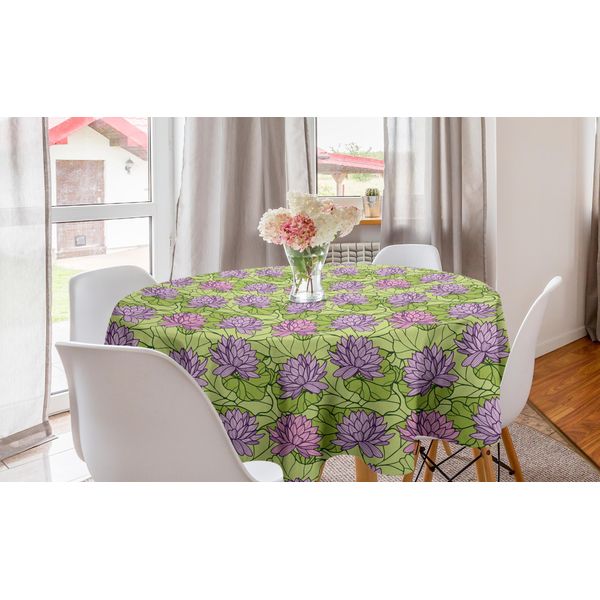 Abakuhaus Tovaglia Rotonda Con Motivi Floreali, Disegno Con Gigli E Foglie, Tovaglia Circolare Per Decorare La Sala Da Pranzo E La Cucina, 150 Cm, Verde Chiaro Lilla-image