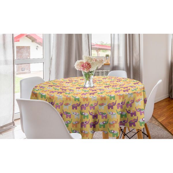 Abakuhaus Tovaglia Rotonda Con Motivi Di Animali, Motivi Colorati Di Elefanti, Tovaglia Circolare Per Decorare La Sala Da Pranzo E La Cucina, 150 Cm, Senape Multicolore-image
