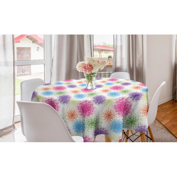 Abakuhaus Tovaglia Rotonda Con Motivi Floreali, Motivo Astratto Con Fiori E Foglie, Tovaglia Circolare Per Sala Da Pranzo E Cucina, 150 Cm, Bianco Multicolore-image