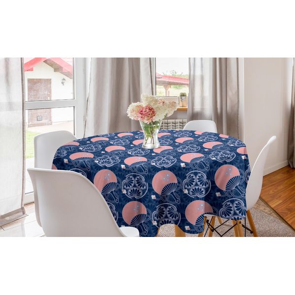 Abakuhaus Giapponese Tovaglia Rotonda, Motivi Decorativi, Tovaglia Circolare Per Sala Da Pranzo, Decorazione Cucina, 150 Cm, Blu Navy-image
