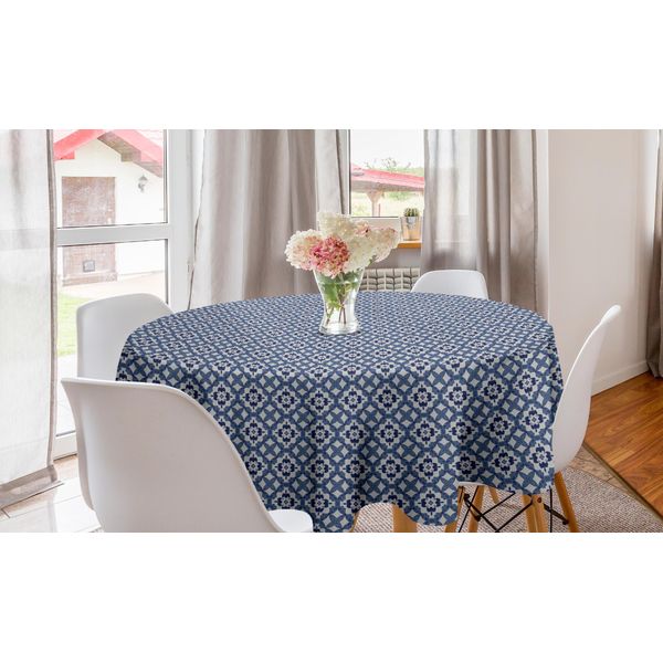 Abakuhaus Tovaglia Geometrica Rotonda, Motivo Mosaico Azulejo, Tovaglia Circolare Per Sala Da Pranzo, Decorazione Cucina, 150 Cm, Pale Taupe Ceil Blue-image