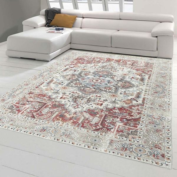 Tappeto Classico Moderno Con Decorazioni E Ornamenti Orientali In Rosso Crema Arancio Dimensioni - 200 X 290 Cm-image