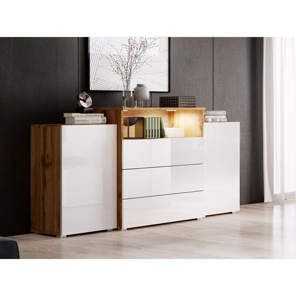 Cassettiera Combinata Con Illuminazione A Led Zorina – Rovere Wotan / Bianco Lucido-image