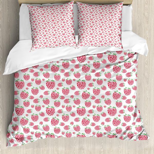 Abakuhaus Set Copripiumino Per Letto Singolo, Motivo Lamponi, Antiacaro, Adatto A Chi Soffre Di Allergie, Con Federa, 155 Cm X 220 Cm - 80 X 80 Cm, Corallo Scuro E Verde Felce-image