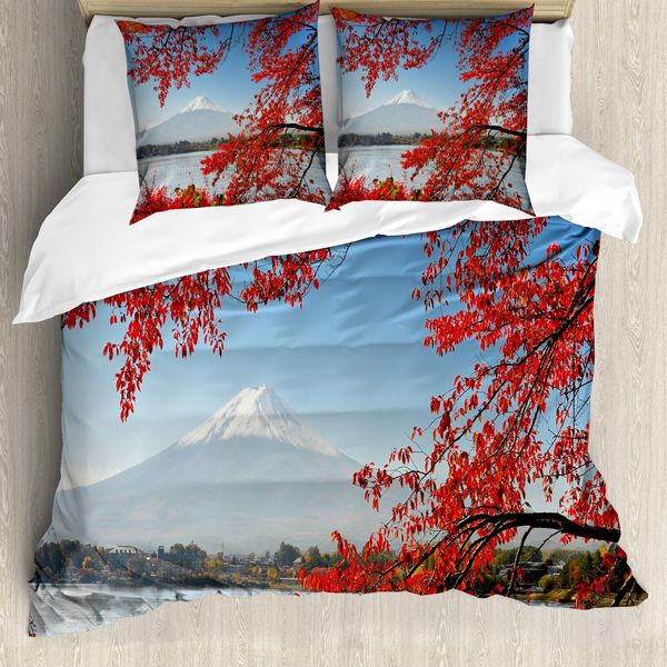 Abakuhaus Set Copripiumino Per Letto Singolo, Stagione Autunnale Montana, Antiacaro, Adatto A Chi Soffre Di Allergie, Con Federa, 200 Cm X 200 Cm - 80 X 80 Cm, Vermiglio Pallido Azzurro Cielo-image