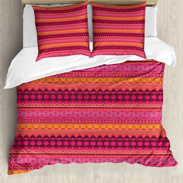 Abakuhaus Volk Set Copripiumino Per Letti Singoli, Motivo Tribale, Antiacaro, Adatto A Chi Soffre Di Allergie, Con Federa, 155 Cm X 220 Cm - 80 X 80 Cm, Rosa E Multicolore-image