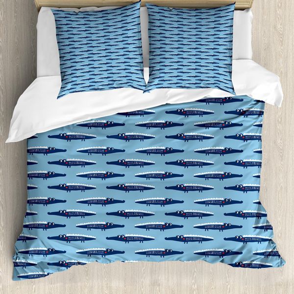 Abakuhaus Set Copripiumino Per Letto Singolo, Cartoon Funny Gators, Antiacaro, Adatto A Chi Soffre Di Allergie, Con Federa, 200 Cm X 200 Cm - 80 X 80 Cm, Pale Sky Blue Night Blue-image
