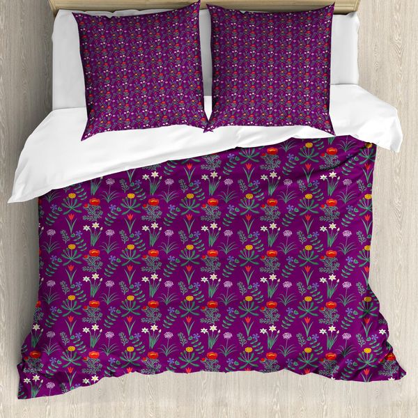 Abakuhaus Set Copripiumino Per Letti Singoli ImmergrüN, Vari Fiori Primaverili, Antiacaro, Adatto A Chi Soffre Di Allergie, Con Federa, 200 Cm X 200 Cm - 80 X 80 Cm, Malva Scuro Multicolore-image