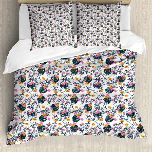 Abakuhaus Set Copripiumino Tropicale Per Letti Singoli, Foglie Esotiche E Fiori Artistici, Antiacaro, Adatto A Chi Soffre Di Allergie, Con Federa, 200 Cm X 200 Cm - 80 X 80 Cm, Multicolore-image