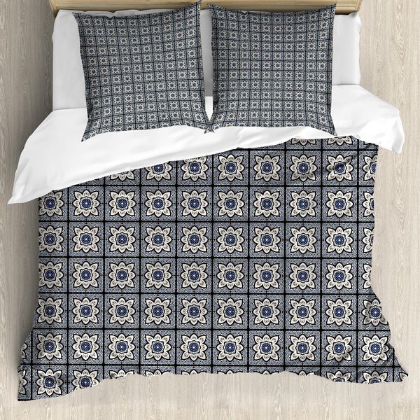 Abakuhaus Set Copripiumino Marocchino Per Letti Singoli, Damasco Floreale Orientale, Antiacaro, Adatto A Chi Soffre Di Allergie, Con Federa, 200 Cm X 200 Cm - 80 X 80 Cm, Blu Notte Guscio D'uovo-image