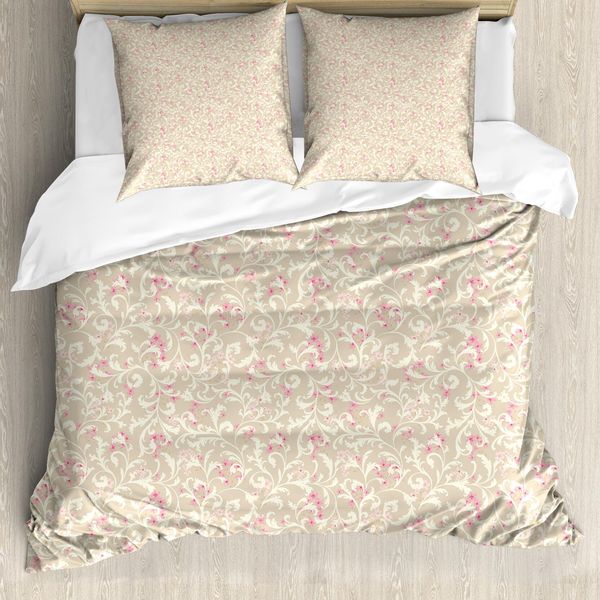 Abakuhaus Set Copripiumino Rosa Per Letti Singoli, Motivi Floreali E Foglie Ricciolute, Antiacaro E Anallergico, Con Federa, 200 Cm X 200 Cm - 80 X 80 Cm, Beige Rosa Pallido-image