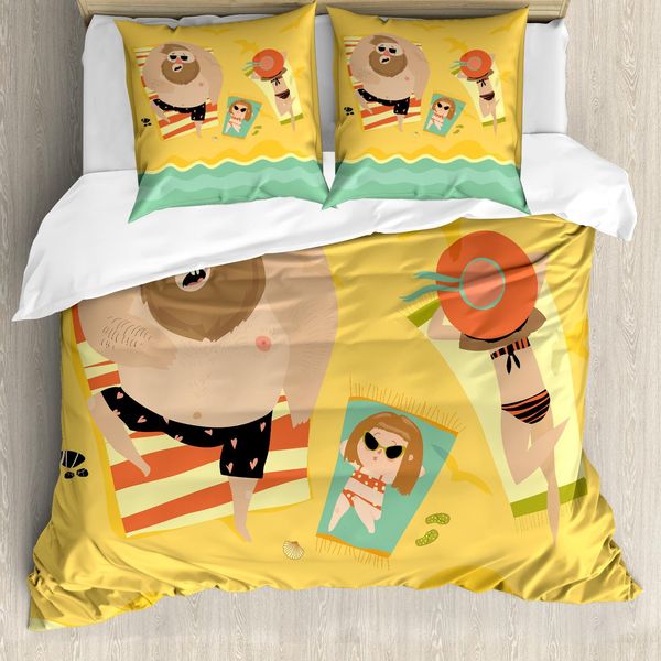 Abakuhaus Set Copripiumino Grafico Per Letti Singoli, Happy Family Mare, Antiacaro, Adatto A Chi Soffre Di Allergie, Con Federa, 155 Cm X 220 Cm - 80 X 80 Cm, Senape Multicolore-image