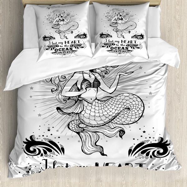 Abakuhaus Set Copripiumino Vintage Nautical Tattoo Per Letti Singoli, Sirena Acquatica, Antiacaro, Adatto A Chi Soffre Di Allergie, Con Federa, 200 Cm X 200 Cm - 80 X 80 Cm, Grigio Antracite Chiaro-image