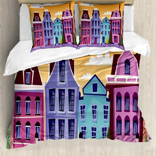 Abakuhaus Amsterdam Set Copripiumino Per Letti Singoli, Streets Dutch Residences, Antiacaro, Adatto A Chi Soffre Di Allergie, Con Federa, 200 Cm X 200 Cm - 80 X 80 Cm, Arancione Chiaro Multicolore-image