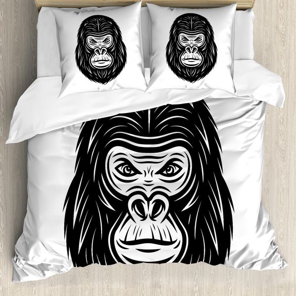 Set Copripiumino Abakuhaus Gorilla Per Letti Singoli, Stile Monotono Wild Animal, Antiacaro, Adatto A Chi Soffre Di Allergie, Con Federa, 200 Cm X 200 Cm - 80 X 80 Cm, Grigio Antracite E Bianco-image