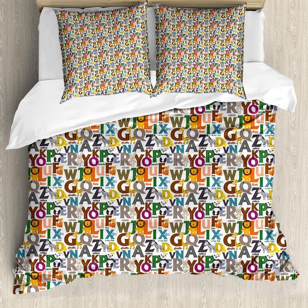 Abakuhaus Set Copripiumino Alphabet Per Letti Singoli, Animali Colorati, Iniziali, Antiacaro, Adatto A Chi Soffre Di Allergie, Con Federa, 200 Cm X 200 Cm - 80 X 80 Cm, Multicolore-image