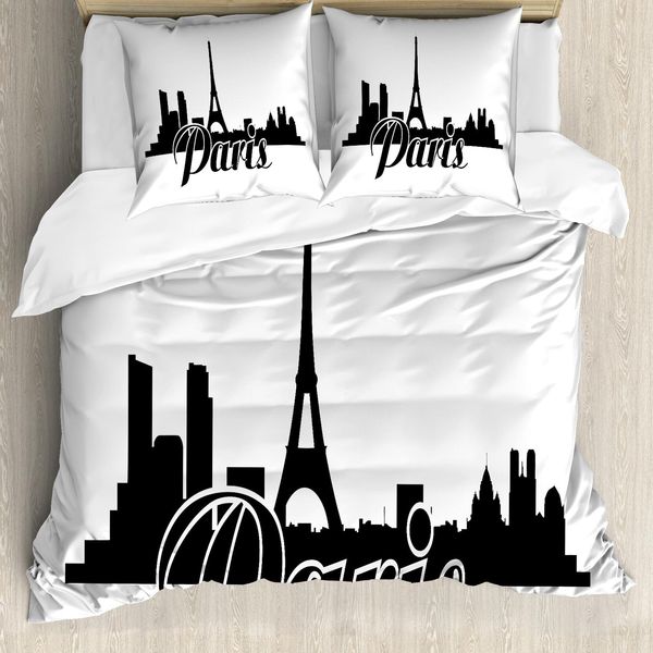Abakuhaus Set Copripiumino Per Letto Singolo Torre Eiffel, Parigi E Panorama Urbano, Antiacaro, Adatto A Chi Soffre Di Allergie, Con Federa, 200 Cm X 200 Cm - 80 X 80 Cm, Grigio Antracite E Bianco-image