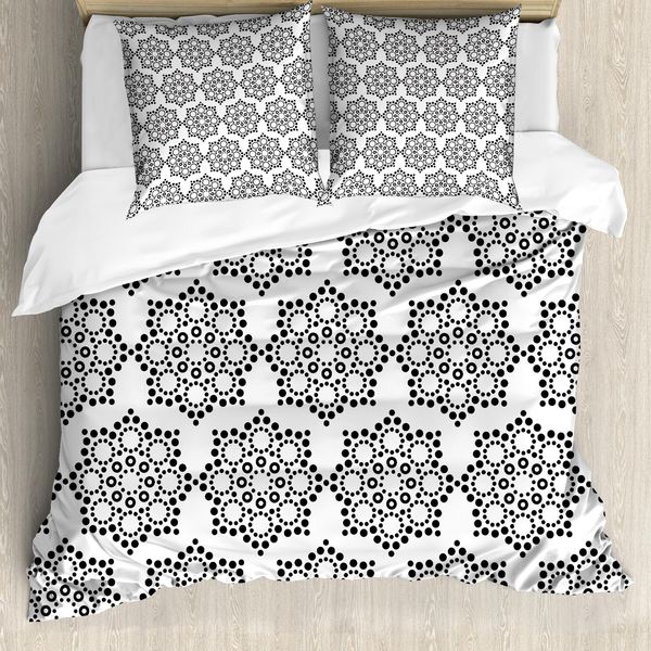 Abakuhaus Set Copripiumino Aborigeno Per Letti Singoli, Motivo Floreale Dotwork, Antiacaro, Adatto A Chi Soffre Di Allergie, Con Federa, 155 Cm X 220 Cm - 80 X 80 Cm, Grigio Antracite Bianco-image