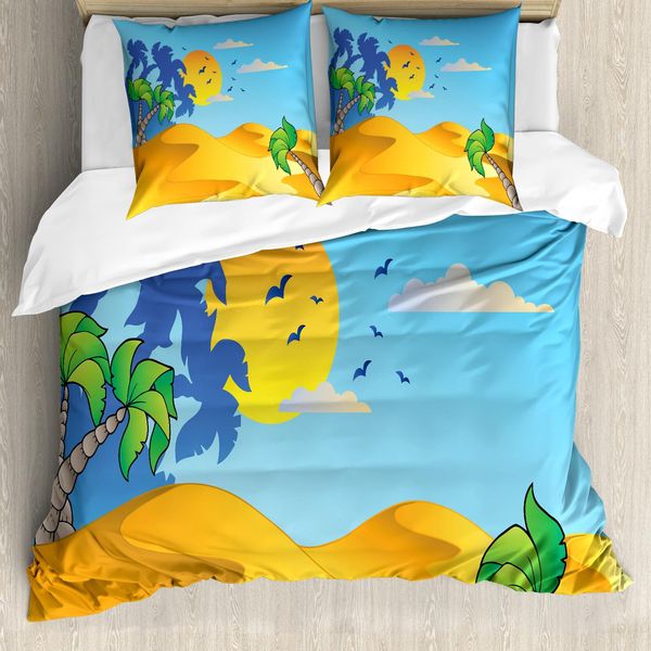Abakuhaus Set Copripiumino Per Letti Singoli, Paesaggio Desertico Con Palme, Antiacaro, Adatto A Chi Soffre Di Allergie, Con Federa, 200 Cm X 200 Cm - 80 X 80 Cm, Marigold E Multicolore-image