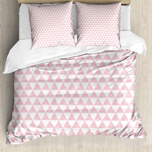 Abakuhaus Set Copripiumino Astratto Per Letti Singoli, Triangoli Retrò Monocromatici, Antiacaro, Adatto A Chi Soffre Di Allergie, Con Federa, 155 Cm X 220 Cm - 80 X 80 Cm, Rosa Chiaro E Bianco-image